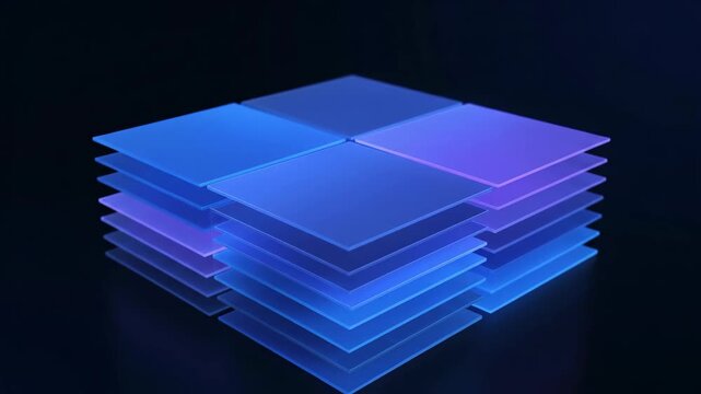 This animation features translucent blue and purple squares stacking to form a cube, symbolizing data, technology, and structured information.