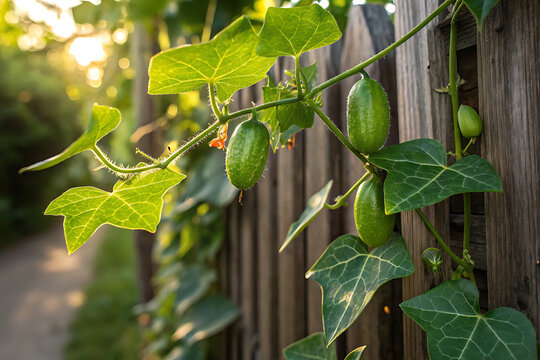 Ivy gourd vine climbing fence with fruits, close-up macro, sunlight reflections, tropical nature