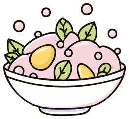 Bowl of pastel pink salad with eggs, basil leaves, and bubble decoration in a cute cartoon style