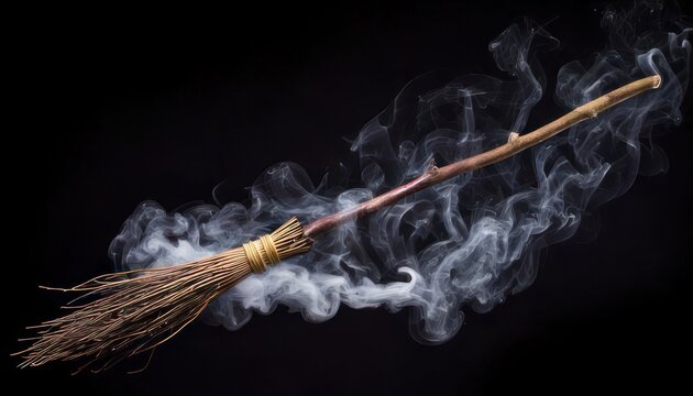 Mystical Witchs Broomstick Surrounded by Ethereal Smoke on Black Background.