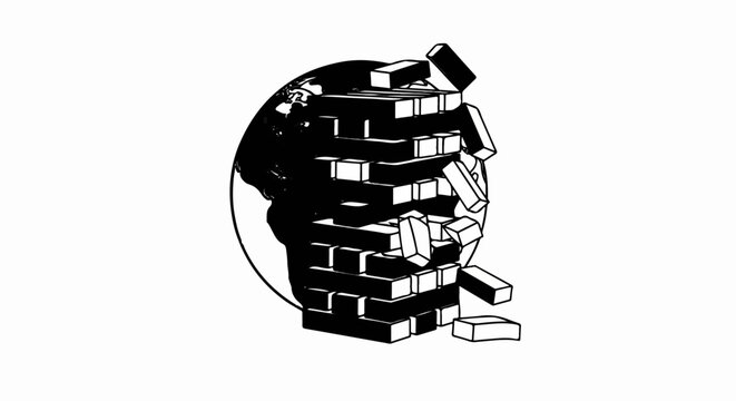 Globe being destabilized by a precarious tower of falling blocks