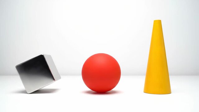 Three primary geometric shapes a red sphere a silver cube and a yellow cone on a clean white backdrop