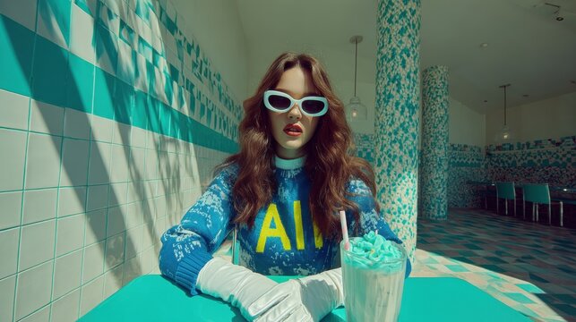 Retro Vibe: Young Woman in Colorful Diner Setting