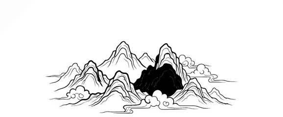 Ink wash painting of stylized mountains and clouds