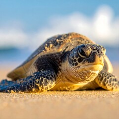 Obraz premium A close-up photo of a turtle on a sandy beach