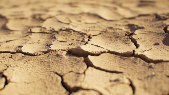 Dry cracked earth creating an intricate pattern, illustrating the severe impact of drought, climate change, and desertification on the vulnerable environment and soil