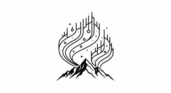 Minimalist mountain peak illuminated by abstract aurora borealis lines