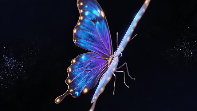 A morpho butterfly with iridescent blue wings on a dark background.