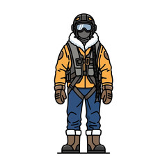 Pilot in flight suit with helmet and goggles, ready for action.