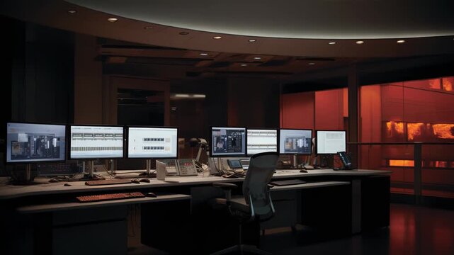 Command center workspace with multiple computer screens displaying data and security feeds, providing surveillance and emergency management capabilities in an advanced office environment