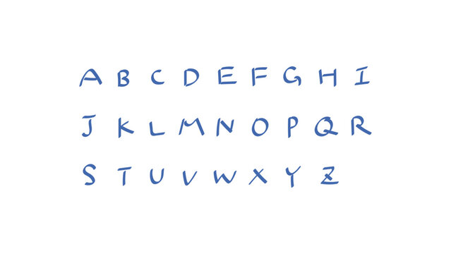 Hand drawn alphabet vector set, blue ink uppercase English letters A-Z, cute handwritten font style isolated on white, scalable vector illustration