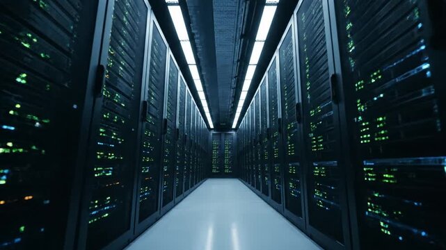 A long corridor lined with rows of computer servers stretching into the distance, illuminated by overhead lighting, viewed from the end