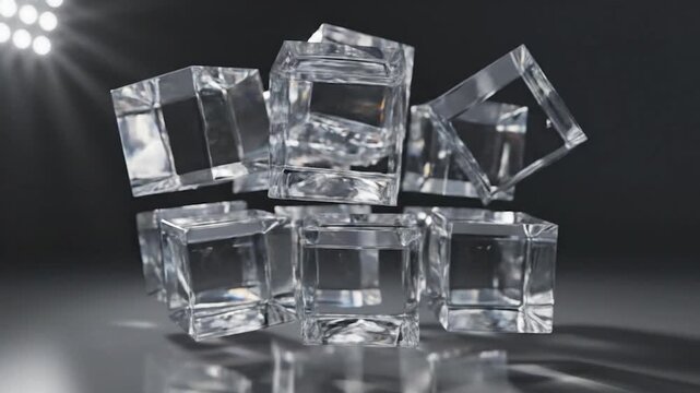 Shiny clear glass cubes floating and reflecting light in a dark studio.