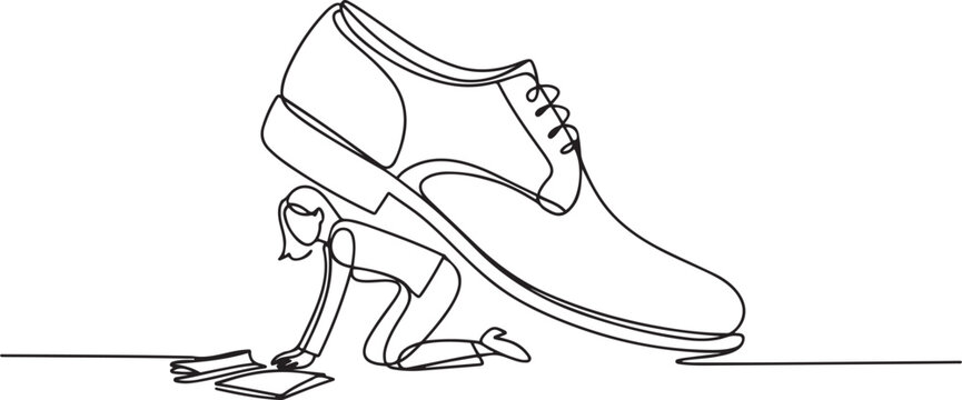 Single continuous line drawing businesswoman crawling under giant foot trample. Female employee oppressed by the boss with under big shoe. one line Icon drawing