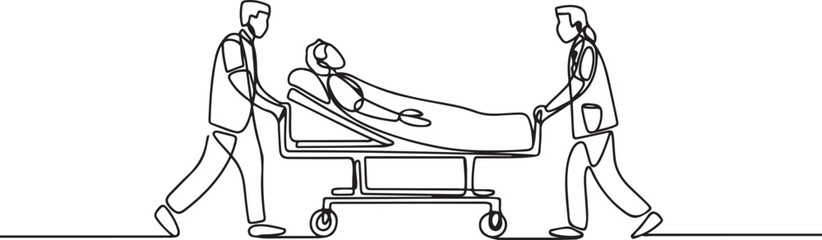 Single one line drawing doctors push gurney with sick woman. Room in hospital. Medical staff, infected patient. Health care and aid. Medical quarantine. one line Icon drawing