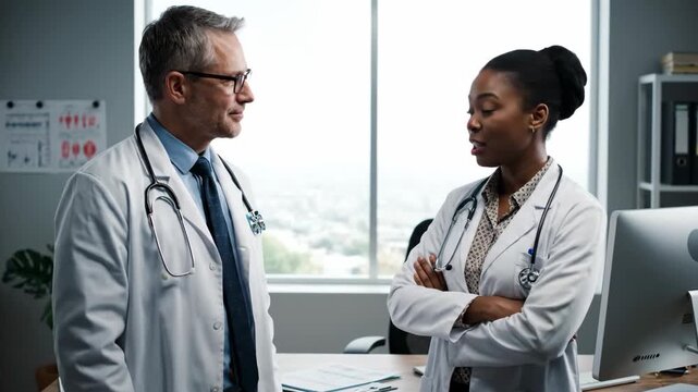 Two dedicated doctors, a man and a woman, collaborate on patient data using a digital tablet in a hospital setting.
