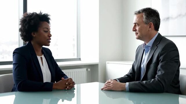 Two diverse business professionals discuss and shake hands, symbolizing agreement and successful collaboration in a modern office.