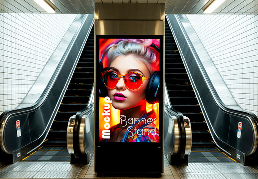 Digital Banner Stand Mockup Between Station Escalator
