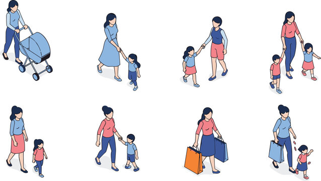 Isometric vector character set of mothers walking with children baby strollers and shopping bags isolated on white background for family lifestyle design projects