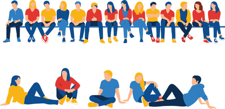 Minimalist Illustration of a Diverse Group of Five People Wearing Colorful Outfits Standing Together and Looking Up at the Sky With Curiosity and Wonder