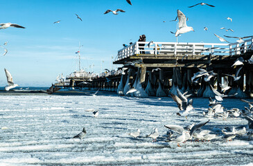 Frozen old wooden pier on the Baltic Sea in Sopot	
