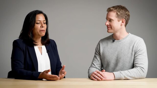 Two diverse professionals, a man and a woman, are actively conversing during a business meeting or interview.