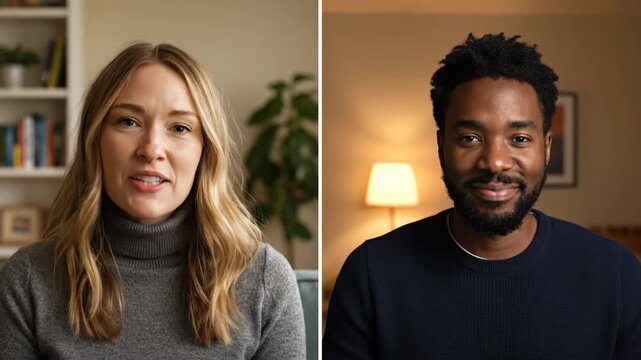 Two diverse professionals smiling and communicating during a virtual video conference call, representing modern remote work.