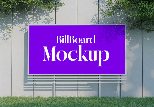 Horizontal Outdoor Billboard Mockup on Minimalist Wall with Foliage