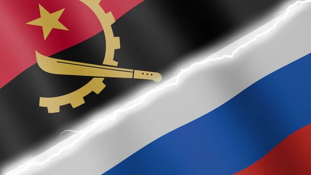 Two waving flags Angola and Russia with diagonal lightning seamless, 4k loop