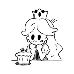Hand drawn vector illustration of a princess with a crown on her head looking at a cake, line art