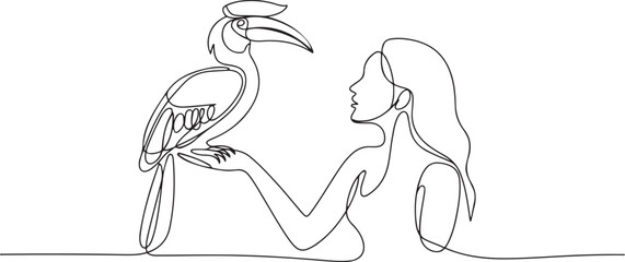 Continuous one line drawing the great hornbill bird perched on hand of woman. The crested has a large yellow beak. Big colorful bird. Woman Holding Bird. one line Icon drawing © Nargis