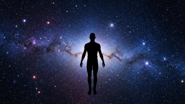 Human silhouette floating in a vast cosmic galaxy, surrounded by stars and nebulae, evoking themes of existence and the mystery of the universe.
