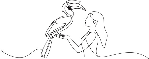 Continuous one line drawing the great hornbill bird perched on hand of woman. The crested has a large yellow beak. Big colorful bird. Woman Holding Bird. one line Icon drawing © Nargis