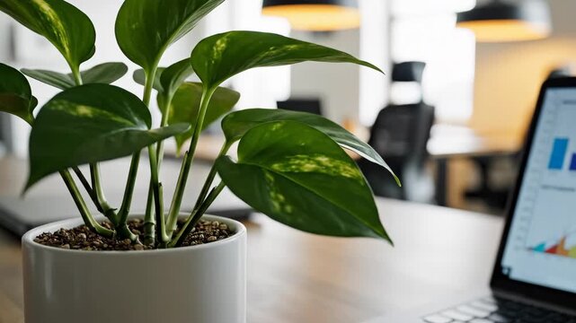 Potted plant on a wooden desk in a modern office with a laptop displaying charts in the background.