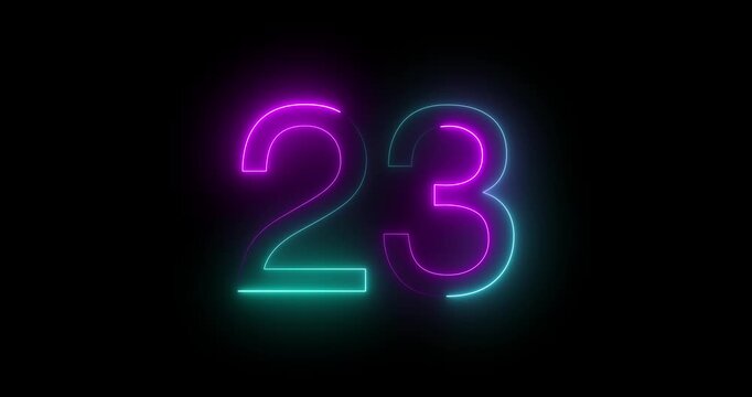 Glowing neon 23 text number animation on black background. Bright neon 23 number symbol. glowing neon number animation concept