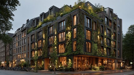 Obraz premium A modern hotel where the facade is covered in oxygen-producing algae