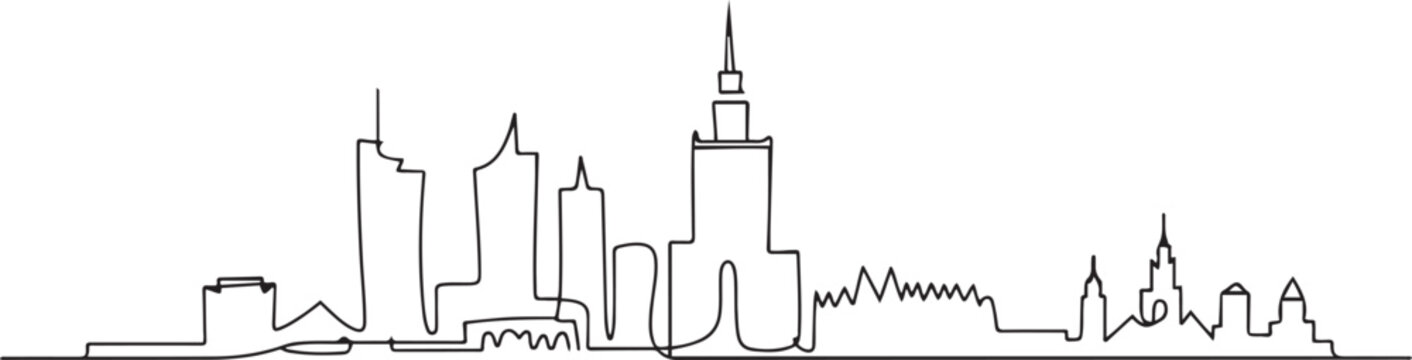 Single continuous line drawing Warsaw city skyline, Poland. Famous skyscraper landscape postcard. World travel wall decor art poster concept. one line Icon drawing