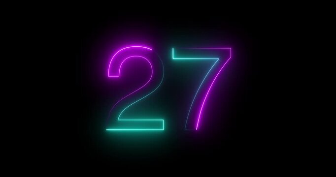 Glowing neon 27 text number animation on black background. Bright neon 27 number symbol. glowing neon number animation concept