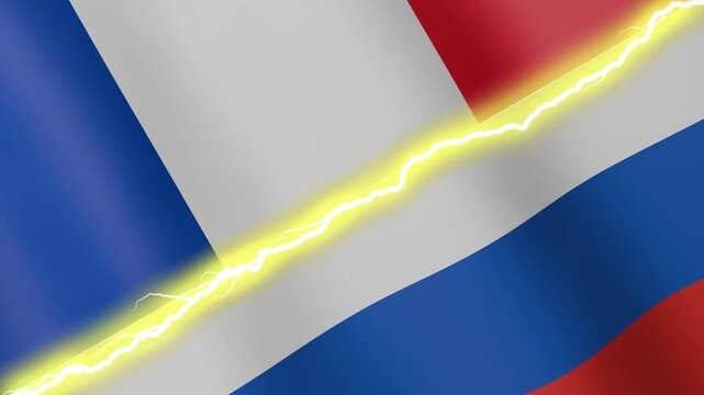 Two waving flags France and Russia with diagonal lightning seamless, 4k loop