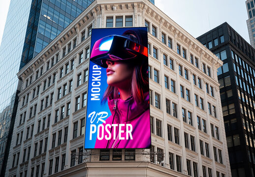 Vertical Large Format Building Poster Mockup in City