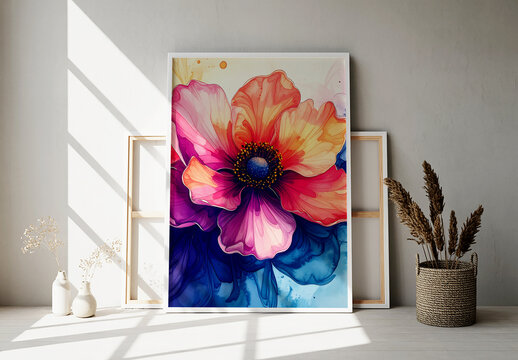 Watercolor Floral Wall Art Print Mockup in Modern Interior