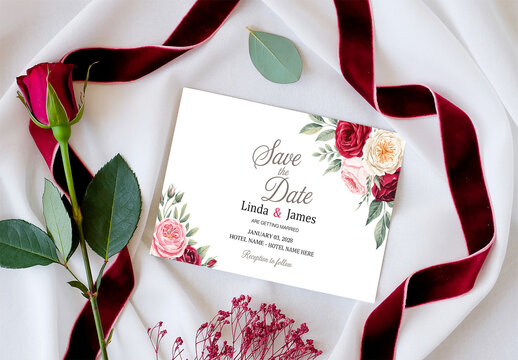 Wedding Save the Date Invitation Mockup with Red Roses and Velvet Ribbon