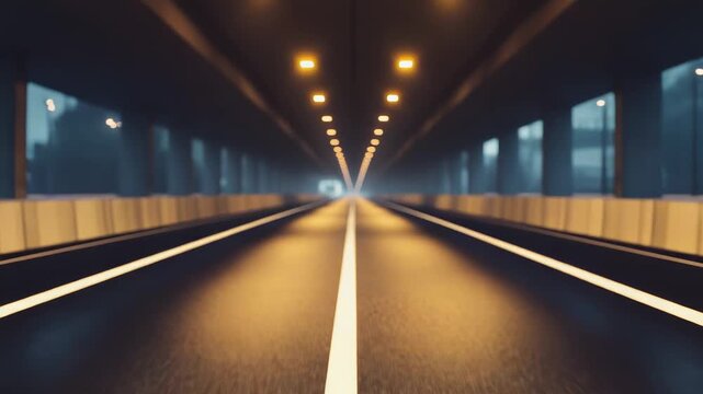 Empty urban highway tunnel lit by a golden line of overhead lights, emphasizing depth, leading lines and motion on rough asphalt toward a distant glowing exit and onward journey