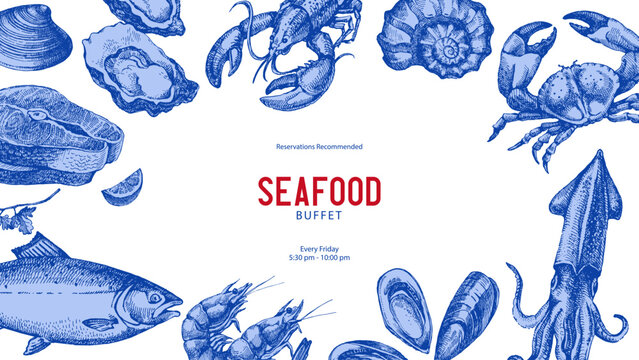 Sketch vintage seafood frame. Hand drawn vector illustration background. Salmon, crab, shrimps, lobster, oysters, squid set