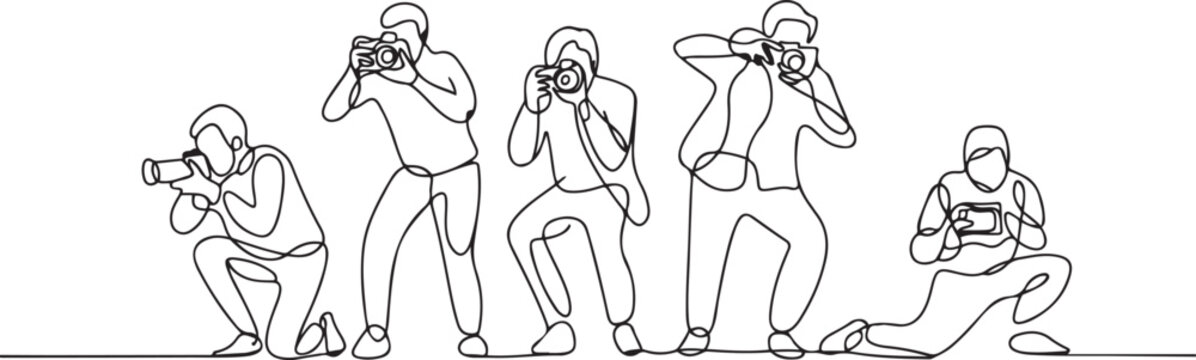 Continuous one line drawing photographers or paparazzi taking photo with digital cameras with angles. Journalists or reporters checking pictures. one line Icon drawing