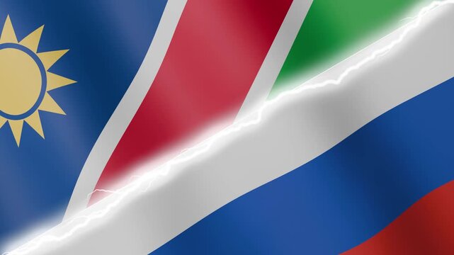 Two waving flags Namibia and Russia with diagonal lightning seamless, 4k loop