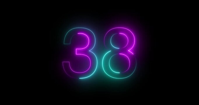 Glowing neon 38 text number animation on black background. Bright neon 38 number symbol. glowing neon number animation concept