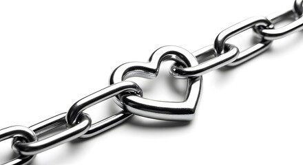 Fototapeta premium A close-up view of a silver chain with a heart-shaped link on a white background