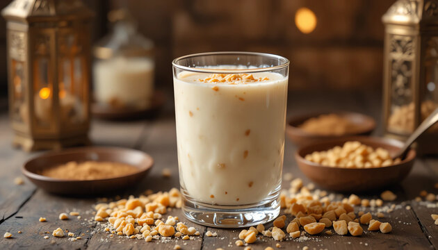 Chilled badam milk in traditional glass, Ramadan theme