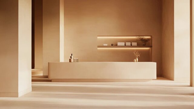 Minimalist spa or hotel lobby featuring a simple reception counter, lush green plant, and soft indirect lighting, creating a calm and inviting atmosphere